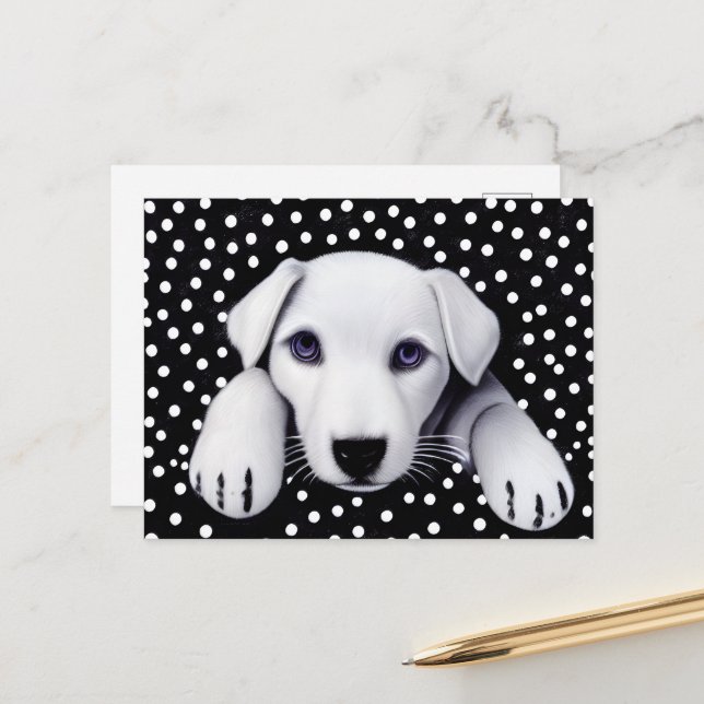 Cartão Postal Puppy e Polkadots retrorados preto e branco (Frente/Verso In Situ)