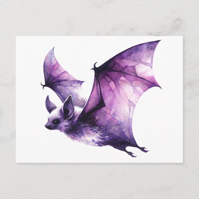 Cartão Postal Purple Bat Flying Watercolor Art (Frente)