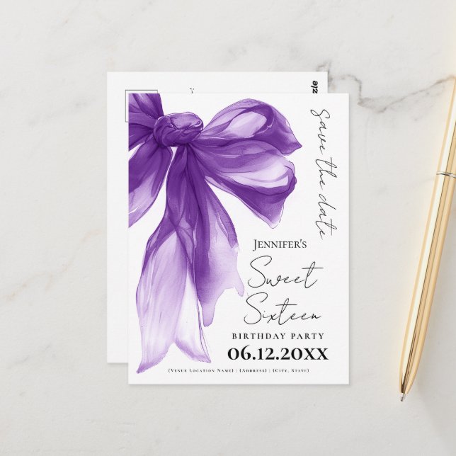 Cartão Postal Purple Bow Coquette Sweet 16 Save the Date  (Frente/Verso In Situ)