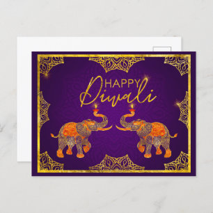Cartão Postal Purple e gold Elephants Happy Diwali