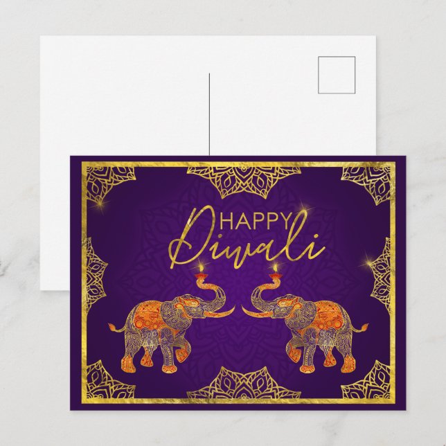 Cartão Postal Purple e gold Elephants Happy Diwali (Frente/Verso)