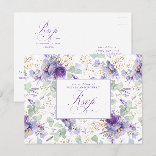 Cartão Postal Purple Elegant Botanical Wedding RSVP Postcard (Frente/Verso)