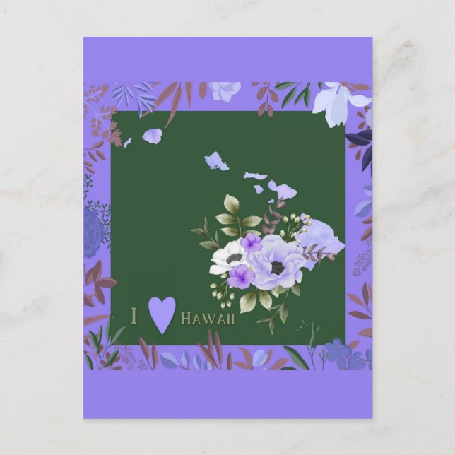 Cartão Postal Purple Floral I Love Hawaii State Map Postcard (Frente)