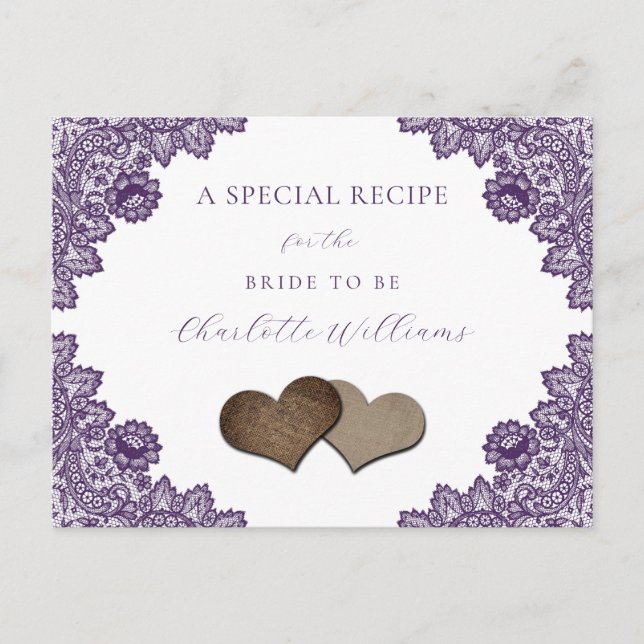 Cartão Postal Purple Floral Lace Bridal Shower Recipe Card (Frente)