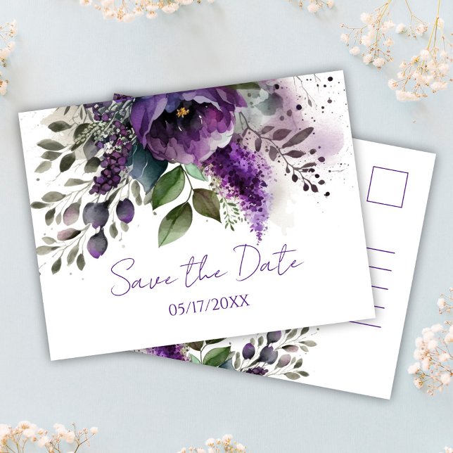 Cartão Postal Purple Floral Modern Botanic Boho Salvar A Data (Purple Floral Modern Botanical Boho Save The Date Postcard)