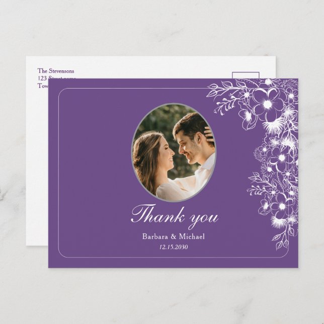 Cartão Postal Purple Floral Photo Wedding Thank You (Frente/Verso)