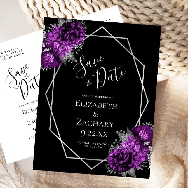 Cartão Postal Purple Floral Silver Geo Frame Black Save the Date (Criador carregado)