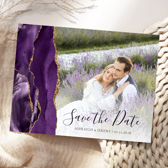 Cartão Postal Purple Gold Agate Custom Photo Save the Date (Criador carregado)