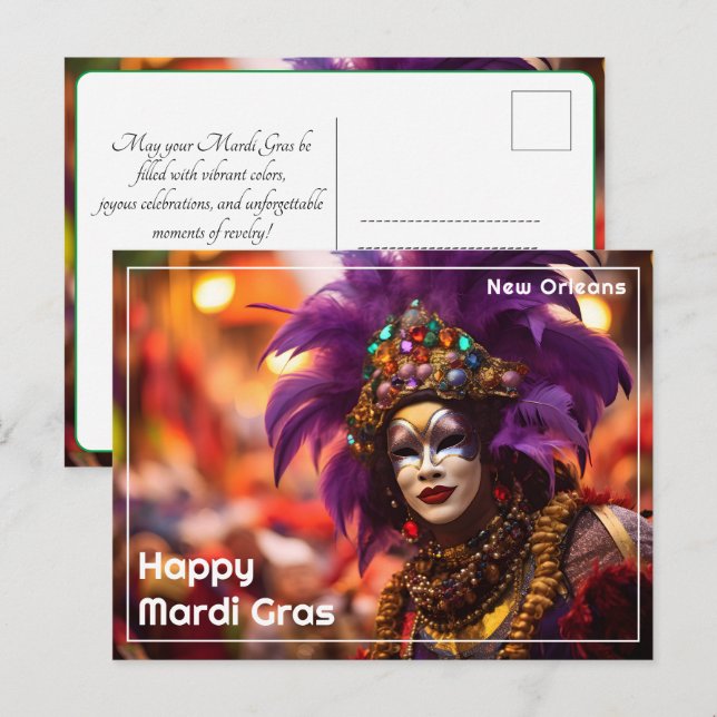 Cartão Postal 💚 💜 💛 Purple Majestade: Elegância de Mardi Gras (Frente/Verso)