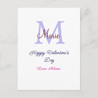 Cartão Postal Purple pastel happy Valentine's day pink monogram 