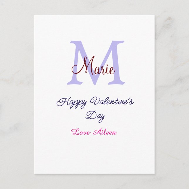 Cartão Postal Purple pastel happy Valentine's day pink monogram  (Frente)