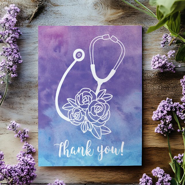 Cartão Postal Purple Watercolor Stetioscope Doutor Obrigado ( Show your appreciation to those who take such good care of you and your family. )