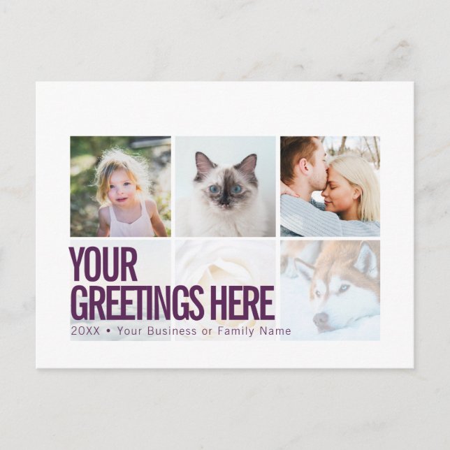 Cartão Postal Purple White 6 fotos saudações universais modernas (Frente)