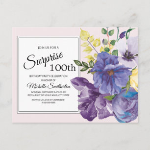 Cartão Postal Púrpura Aquarela Floral no 100º Aniversário, co