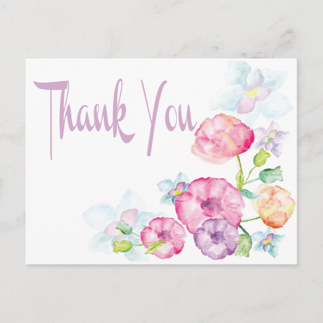 Cartão Postal Púrpura Aquarela Obrigado Flor Rosa E Púrpura (Frente)