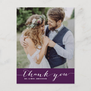 Cartão Postal Púrpura Casamento de Script Obrigado Cartão-Post