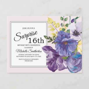 Cartão Postal Púrpura de Watercolor Floral no 16º Aniversário