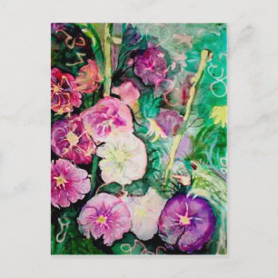 Cartão Postal Púrpura e Hollyhocks Verdes