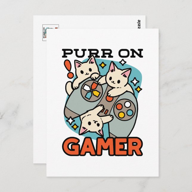 Cartão Postal Purr On Gamer - Design de Gamer Gatinho Fofo (Frente/Verso)