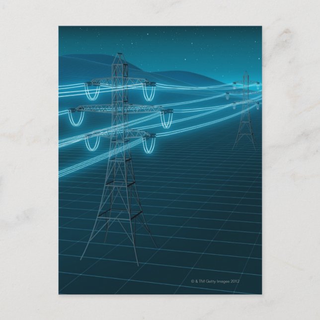 Cartão Postal Pylon de eletricidade com linhas elétricas brilhan (Frente)