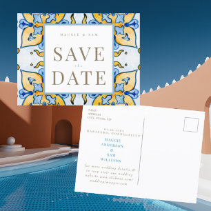 Cartão Postal Quadrado de Azulejo Mediterrâneo de Casamento Save