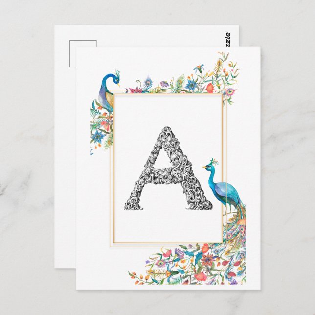 Cartão Postal Quadro com pavões e flores de aquarelas - A (Frente/Verso)