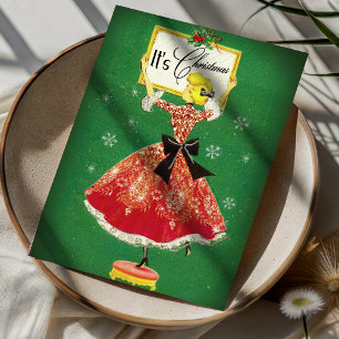 Cartão Postal Quadro de Natal vintage verde vermelho brilho meni
