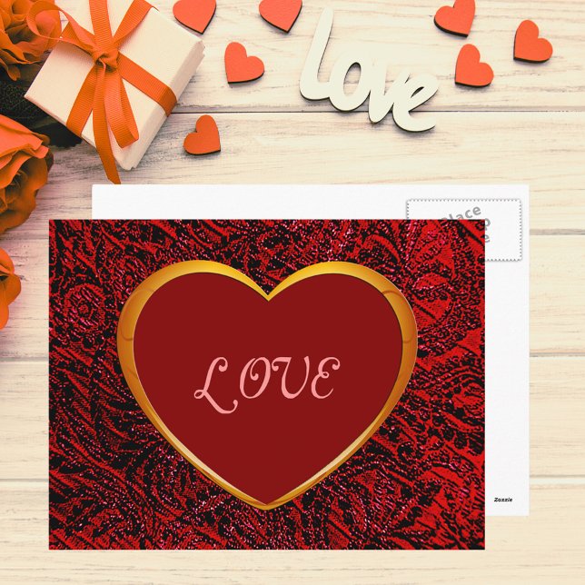 Cartão Postal Quadro Dourado de amor cardíaco com cartão-postal  (Gold Heart Love Frame with Red Fabric Postcard)