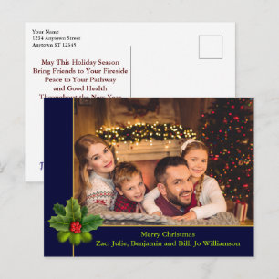 Cartão Postal Quadro Dourado e Azul de Natal com Foto Holly
