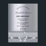 Cartão Postal Qualquer festa de aniversário de prata de idade<br><div class="desc">Um convite moderno, na moda e glamouroso para a 50ª ou qualquer festa de aniversário etária da mulher. Um fundo metálico falso prateado com um elegante arco prateado falso, fita e brilho. O nome é escrito com um moderno script estilo escrito à mão preta. Modelos para um nome, idade e...</div>