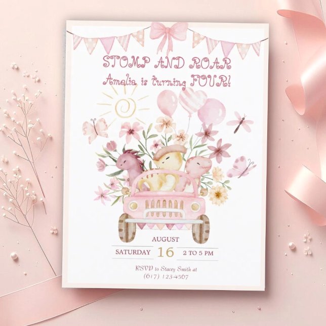 Cartão Postal Quarto Dia de Aniversário do Dinossauro Rosa (Criador carregado)