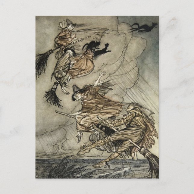 Cartão Postal Quatro Bruxas "Up the Chimney" de Arthur Rackam (Frente)