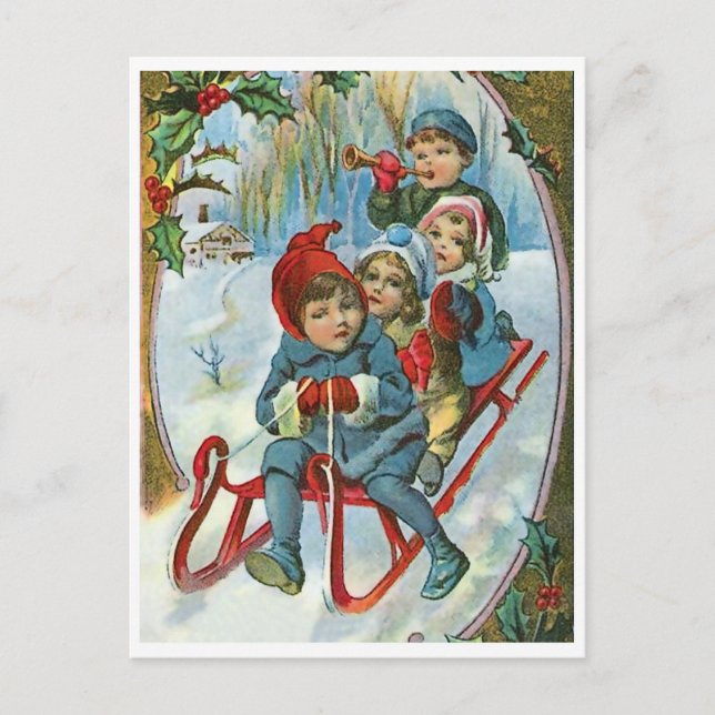 Cartão Postal Quatro crianças em uma manga, inverno, feriado vin (Frente)