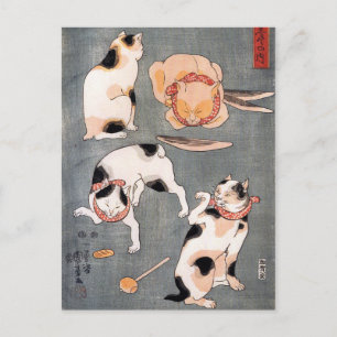 Cartão Postal Quatro gatos em diferentes poses por Utagawa Kuniy