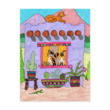 Quatro gatos em uma Adobe House roxa