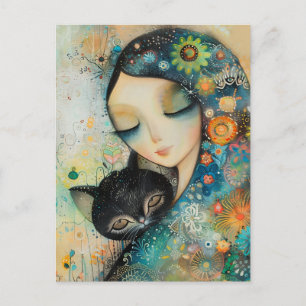 CARTÃO POSTAL QUEBRA-CABEÇA DE ARTE DE MENINA E GATO