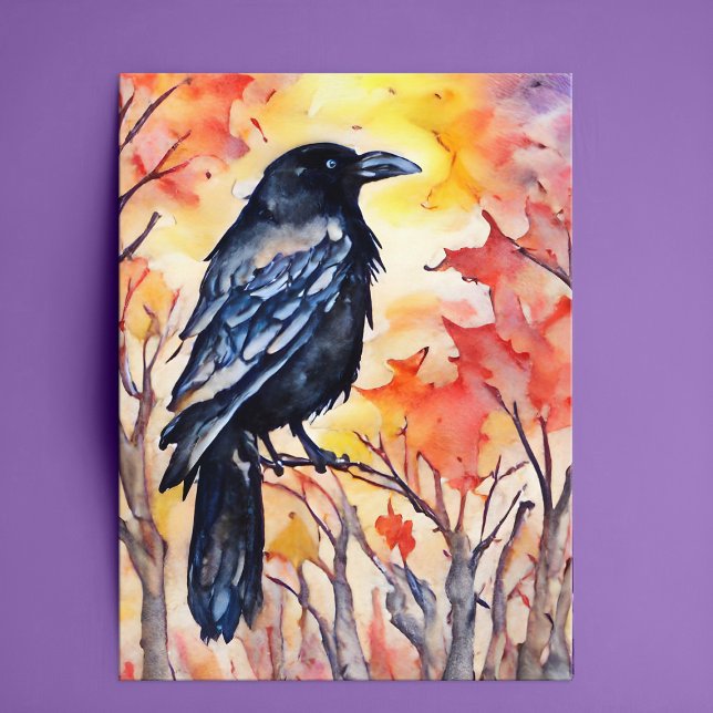 Cartão Postal Quebra da Cobra de Água Cobra Autumn Deixa Pássaro (Autumn raven watercolor painting art card)