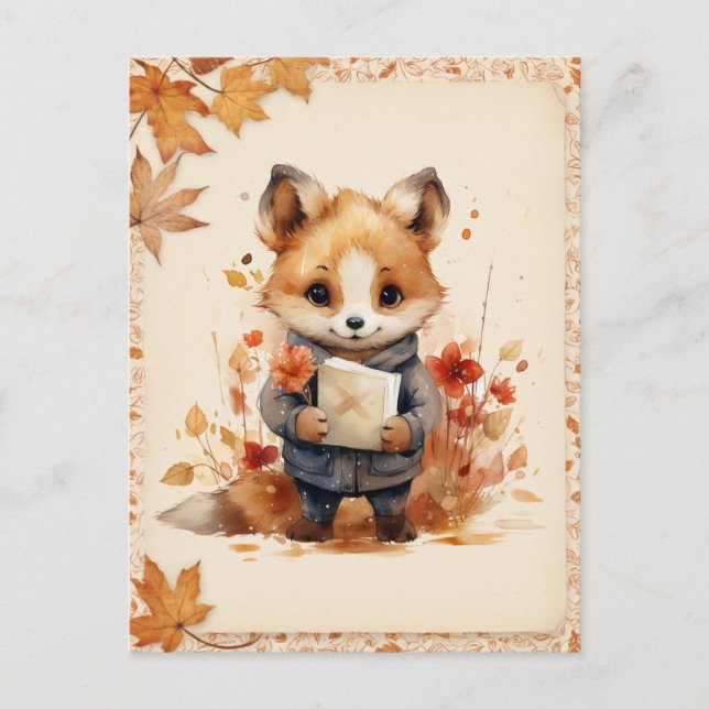 Cartão Postal Queda / Autumn Watercolor Fox - (Frente)
