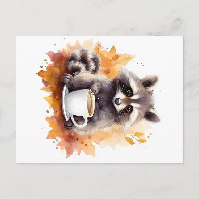 Cartão Postal Queda de frascos Raccoon com xícara de café (Frente)