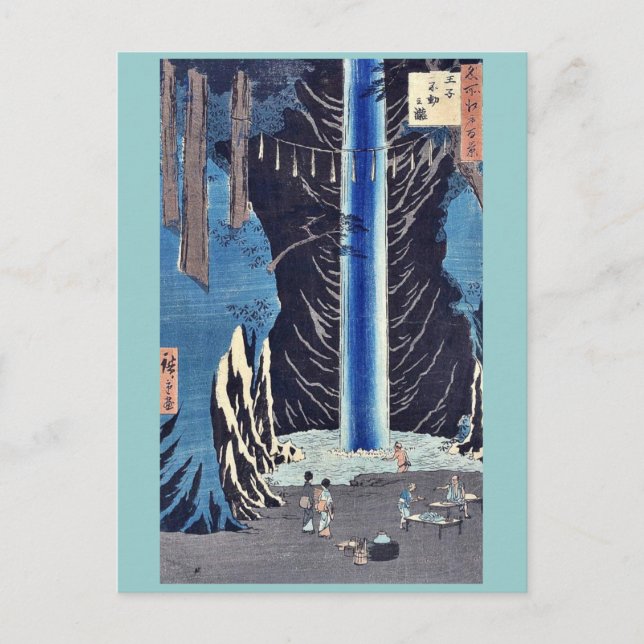 Cartão Postal Quedas de Fudo, Oji por Ando, Hiroshige Ukiyoe (Frente)