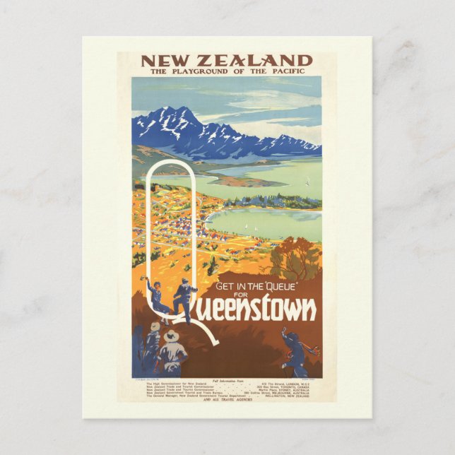 Cartão Postal Queenstown, Viagens vintage da Nova Zelândia (Frente)