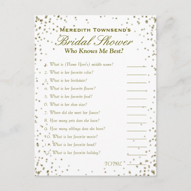 Cartão Postal Quem é o Jogo Mim do Conhecimento | Dourada Confet (Frente)