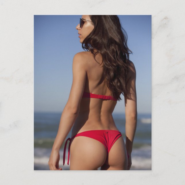 Cartão Postal ● Quente! ● Foto da menina de praia Red Bikini (Frente)