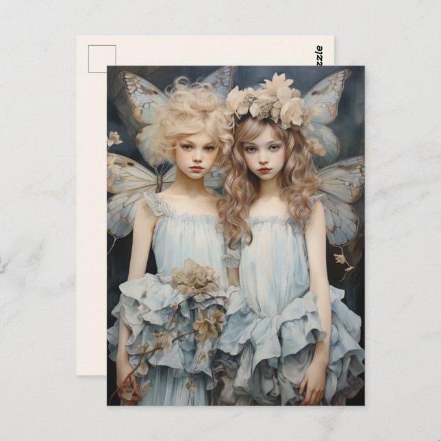 Cartão Postal Querido das Fadas Azul Satin Vestidos Bonito Asas (Frente/Verso)