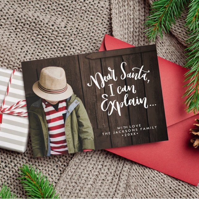Cartão Postal Querido Papai Noel, eu posso explicar Foto Diverti (Dear Santa I can Explain funny holiday postacard with full frame landscape foto and white overlay)