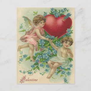 Cartão Postal Querubim Coração de Cupido Esquecendo-Me-Não