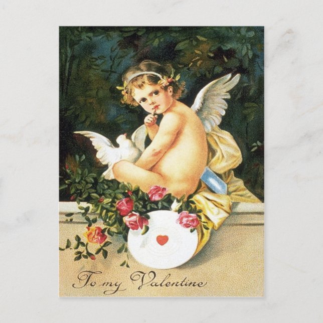 Cartão Postal Querubim Cupido Pombo Rosa Coração (Frente)