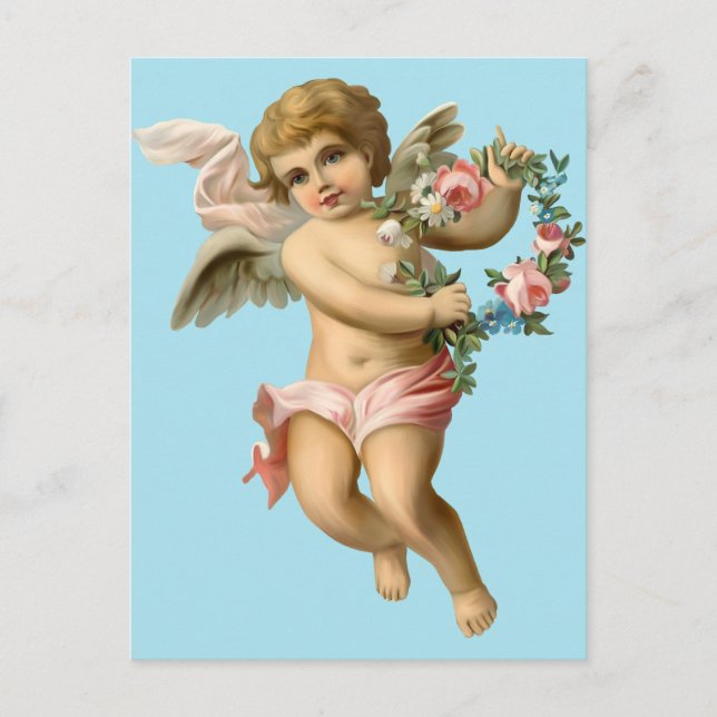 Cartão Postal Querubim de Bebê Antigo com Flores (Frente)