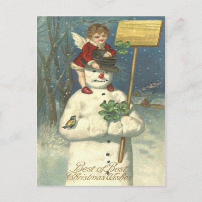 Cartão Postal Querubim Sorridente Boneco de Neve Trevo Pássaro C (Frente)