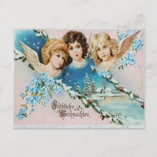 Cartão Postal Querubins Vintageiros no Telhado Nevado